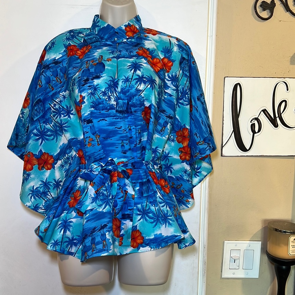 MADE IN HAWAII Women’s Pullover High Neck Tie Waist Flutter Sleeve Top